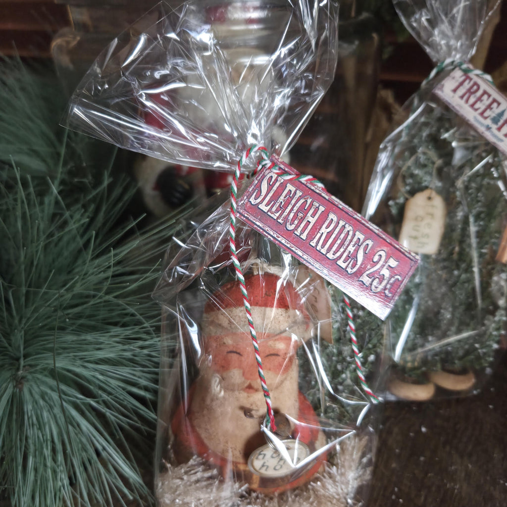 Primitive Cinnamon Grunged Santa Ornament, Sleigh Rides Hangtag and faux pine sprig