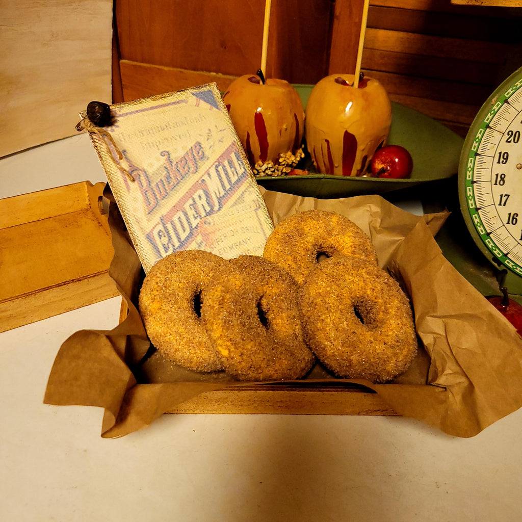 Faux Primitive Cinnamon Sugar Donuts Display | Rustic Wooden Tray, Aged Cider Mill Sign