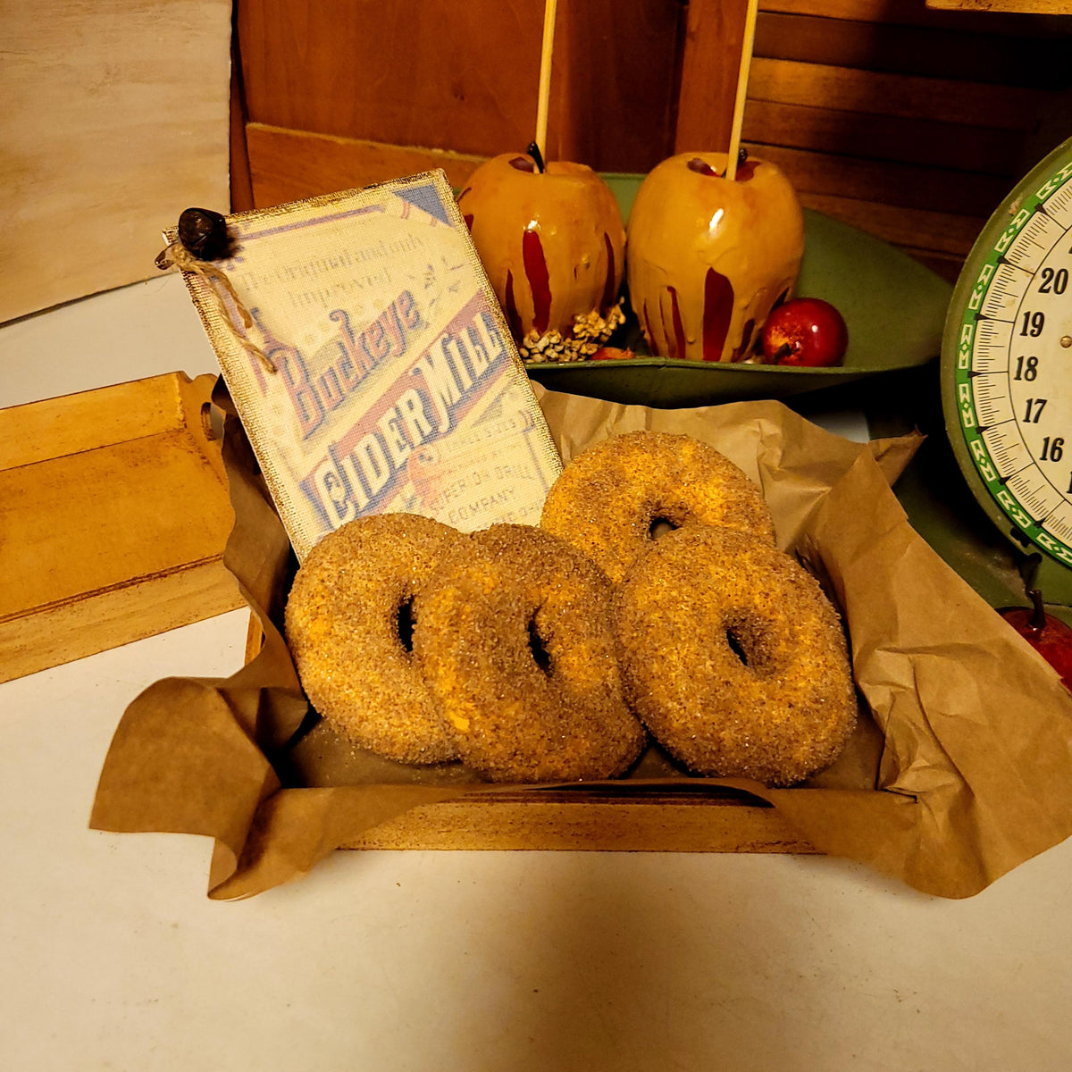 Faux Primitive Cinnamon Sugar Donuts Display | Rustic Wooden Tray, Aged Cider Mill Sign