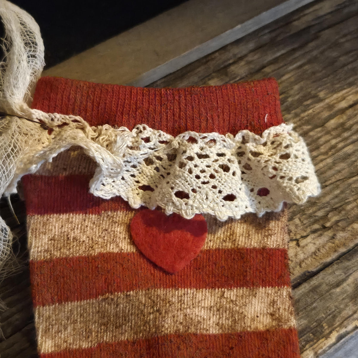Primitive Valentine Stocking | Cinnamon Grunged Red Stripe Sock | One of a Kind Rustic Valentine Decor