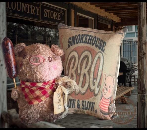 Primitive Farmhouse BBQ Pig Shelf Sitter, Rustic Summer Decor, Hand-Finished Hot Dog Accent