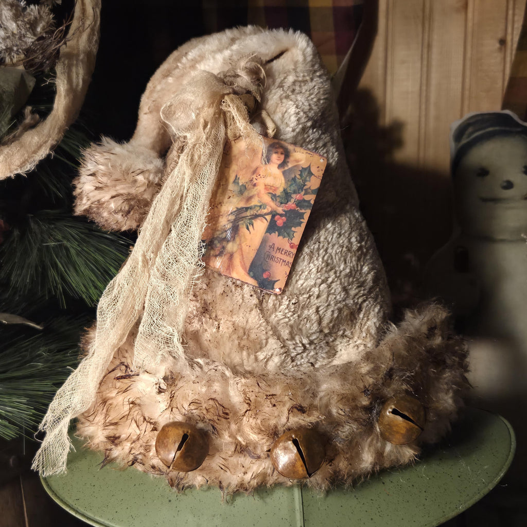 Premium Limited Edition Primitive Rustic Santa Hat Tree Topper | Handcrafted Cream Plush with Rusty Jingle Bells
