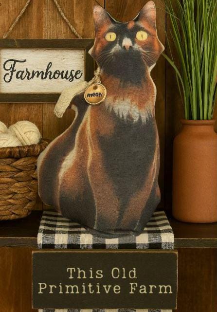 Handmade Primitive Cat Pillow: Rustic Farmhouse Decor with Meow Tag