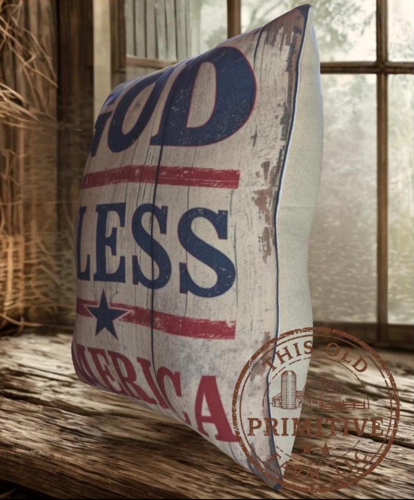 God Bless America Pillow | Primitive Americana Farmhouse Decor (12x12")