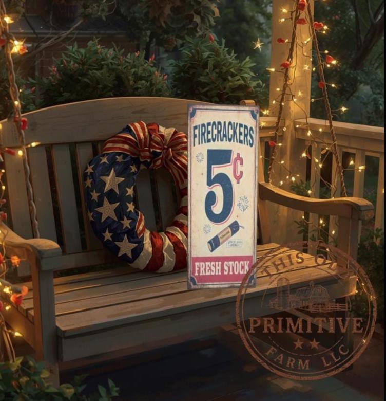 Primitive Firecrackers 5 Cents Sign – Rustic Farmhouse Americana Decor – Folk Art Patriotic Sign