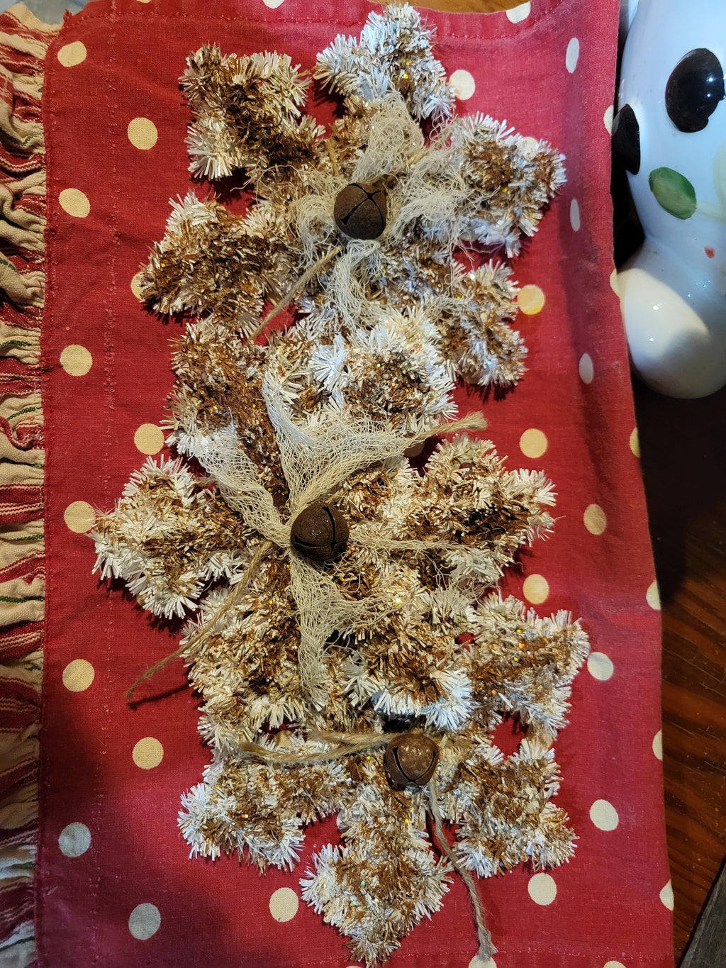 Vintage Inspired Tinsel Snowflake Ornie, Rusty Jingle Bell, Christmas Bowl Filler. Set of 3