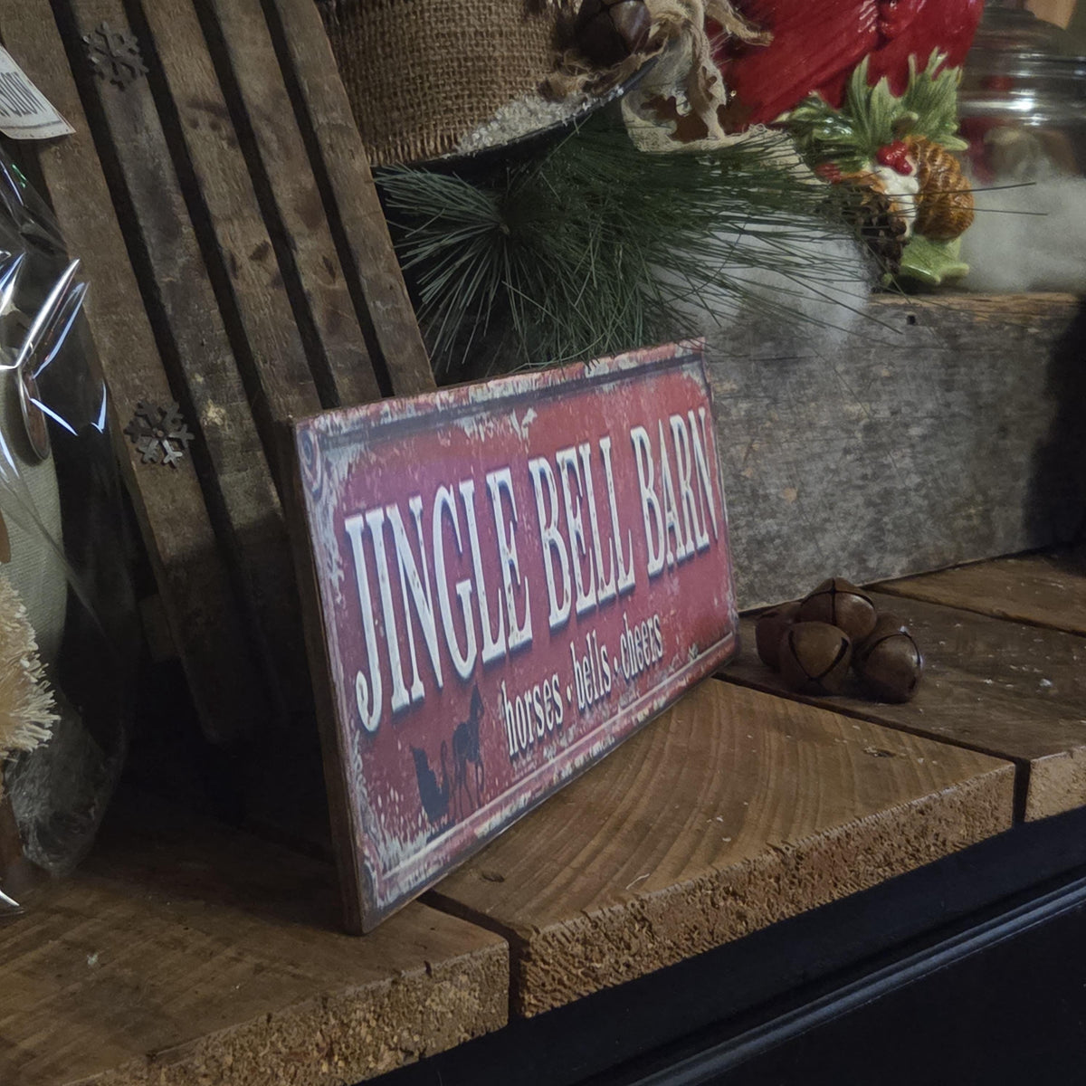 Handmade Jingle Bell Barn Sign | Rustic Farmhouse Holiday Decor (13x5)