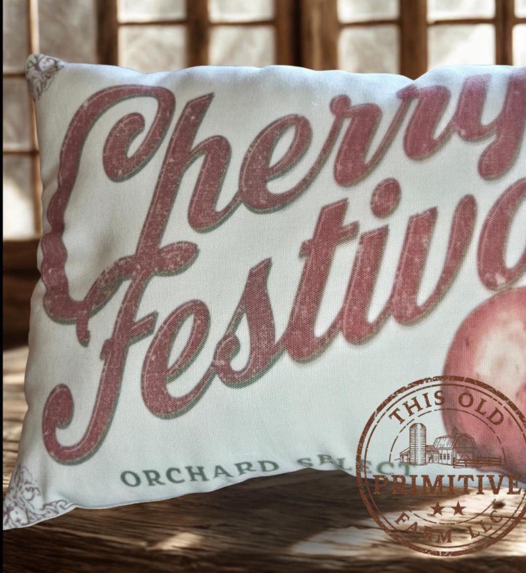 Cherry Festival Pillow | Primitive Farmhouse Feedsack Decor (12x17)
