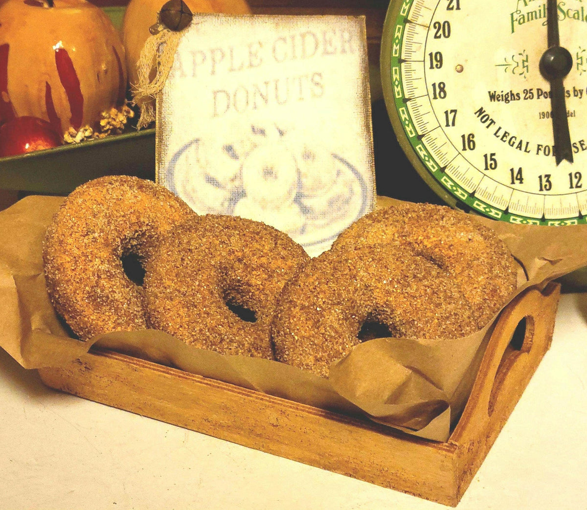 Faux Primitive Cinnamon Sugar Donuts Display | Rustic Wooden Tray, Aged Cider Mill Sign