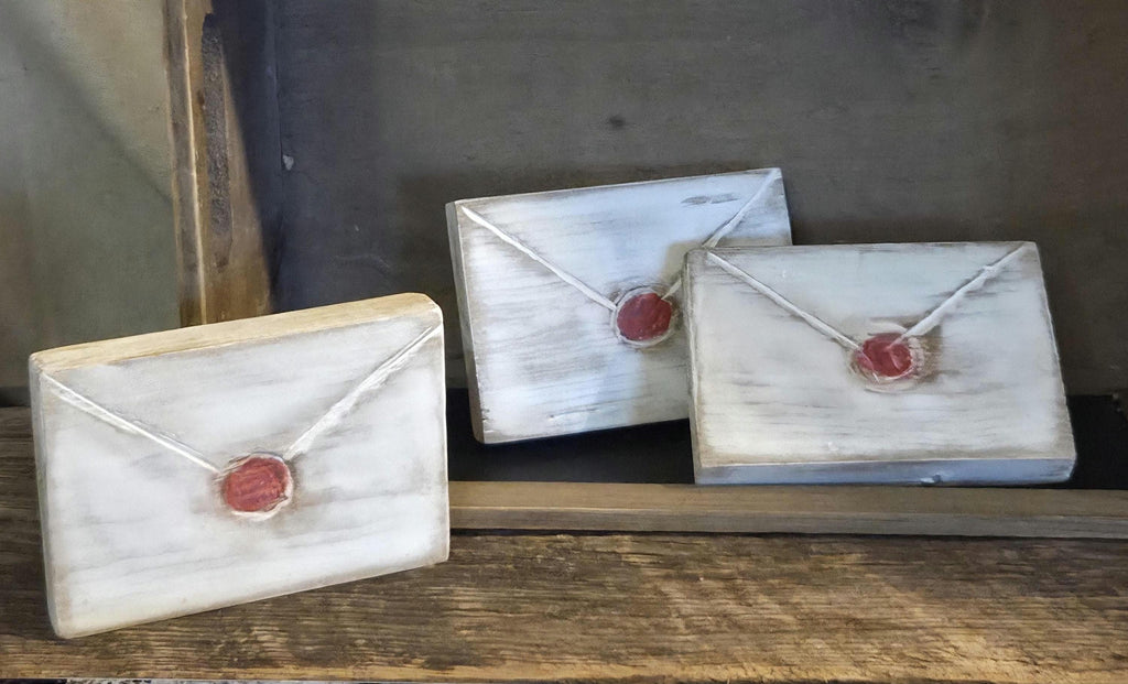 Primitive Valentine Wood Envelope Set | Hand Cut & Carved Love Letters with Faux Red Wax Seal Decor