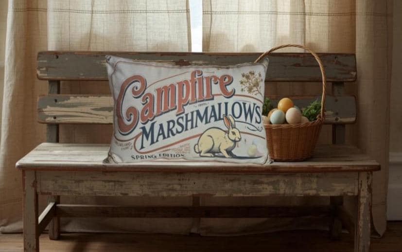 Primitive Campfire Marshmallows Pillow – Rustic Cabin Decor, Spring Edition (12x17)
