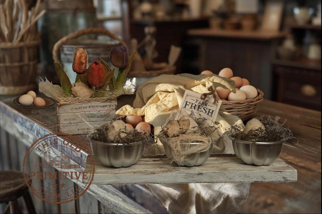 Primitive Farm Fresh Eggs Mercantile Pantry Display | Rustic Egg Bowl Shelf Sitter | Distressed Farmhouse Spring Easter Decor