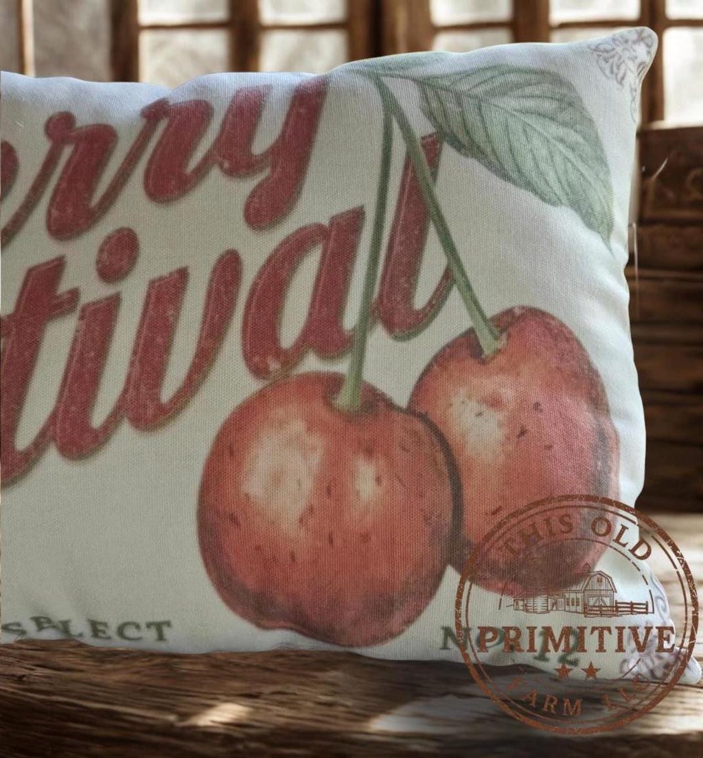 Cherry Festival Pillow | Primitive Farmhouse Feedsack Decor (12x17)