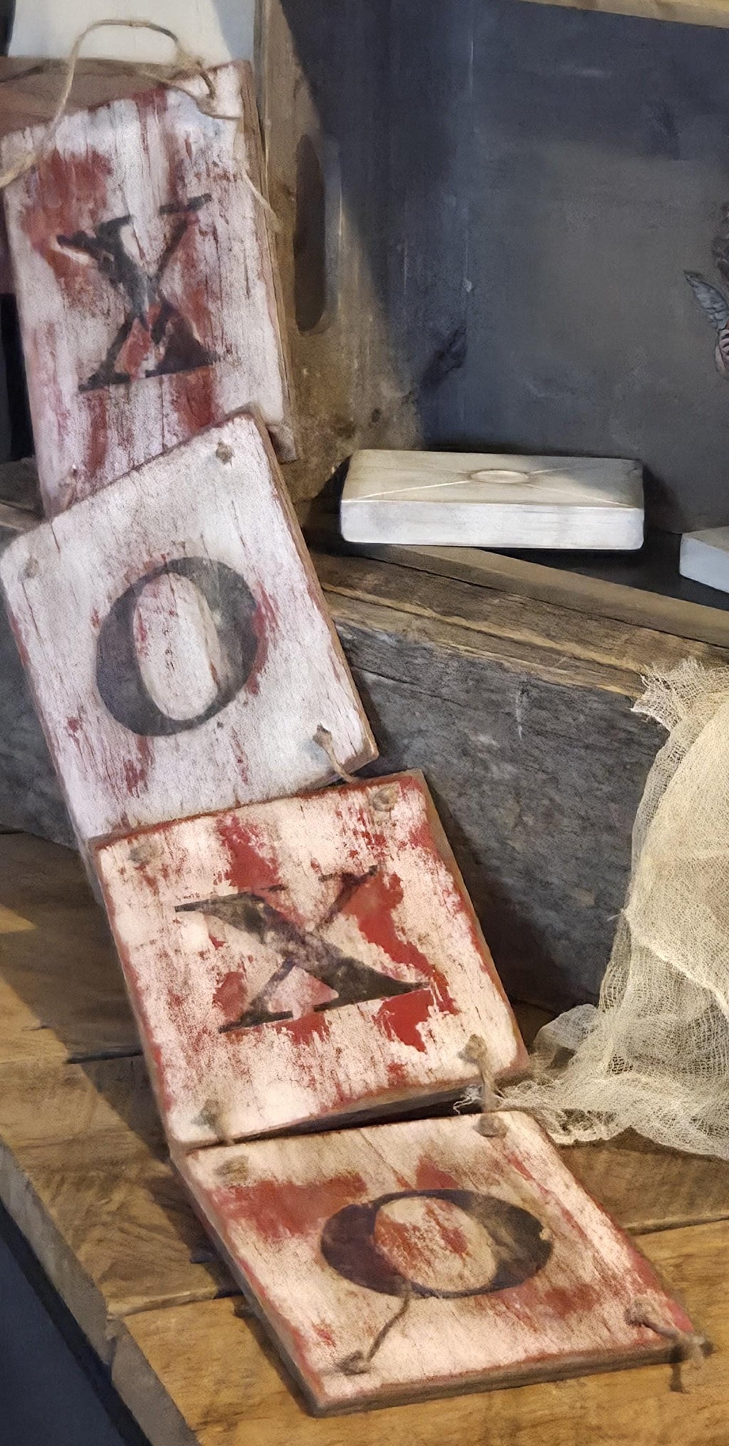 XO XO Valentine Wood Hanging Sign | Hand Painted Primitive Farmhouse Decor | Rustic Valentine Wall or Shelf Decor