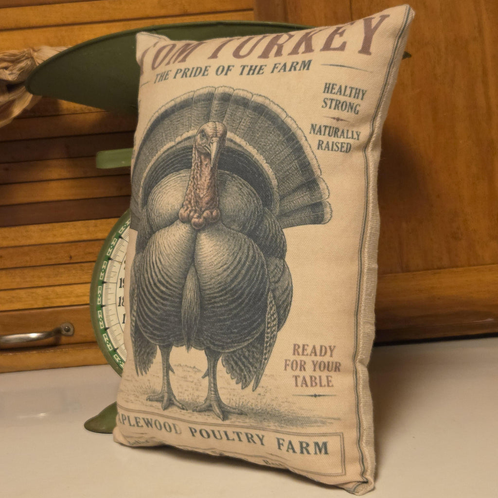 Tom Turkey Pillow, Thanksgiving Feedsack Shelf Sitter, Primitive Farmhouse Fall Decor