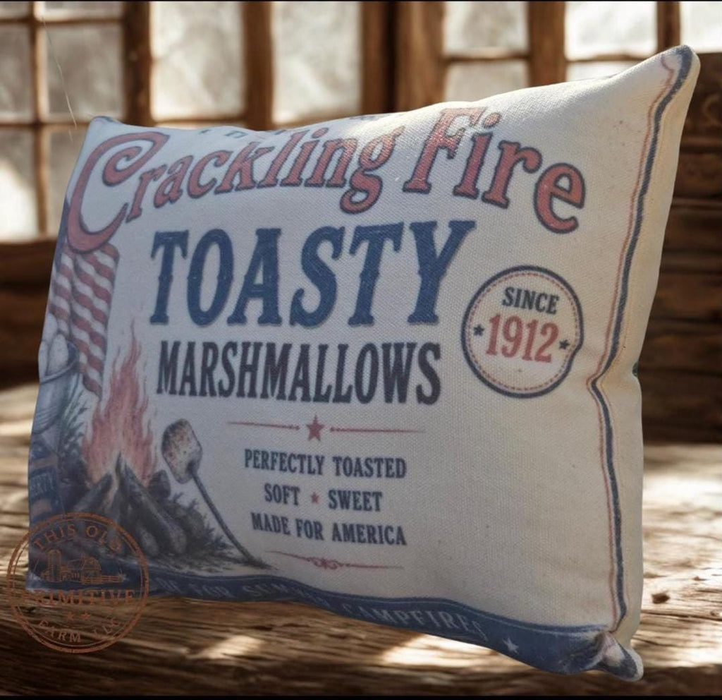 Crackling Fire Toasty Marshmallows Pillow | Vintage Americana Shelf Sitter