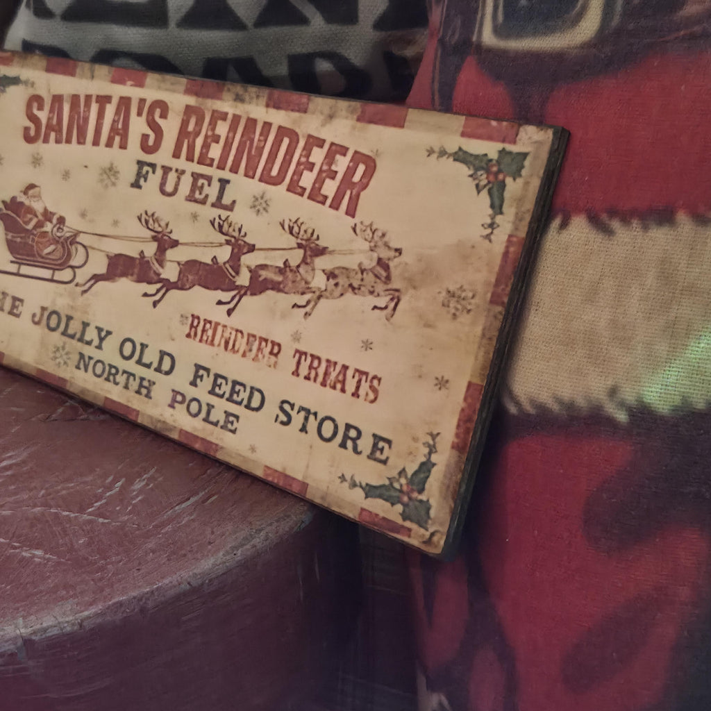 Handmade Santa's Reindeer Fuel Wood Sign | Rustic Farmhouse Christmas Decor (13x5")