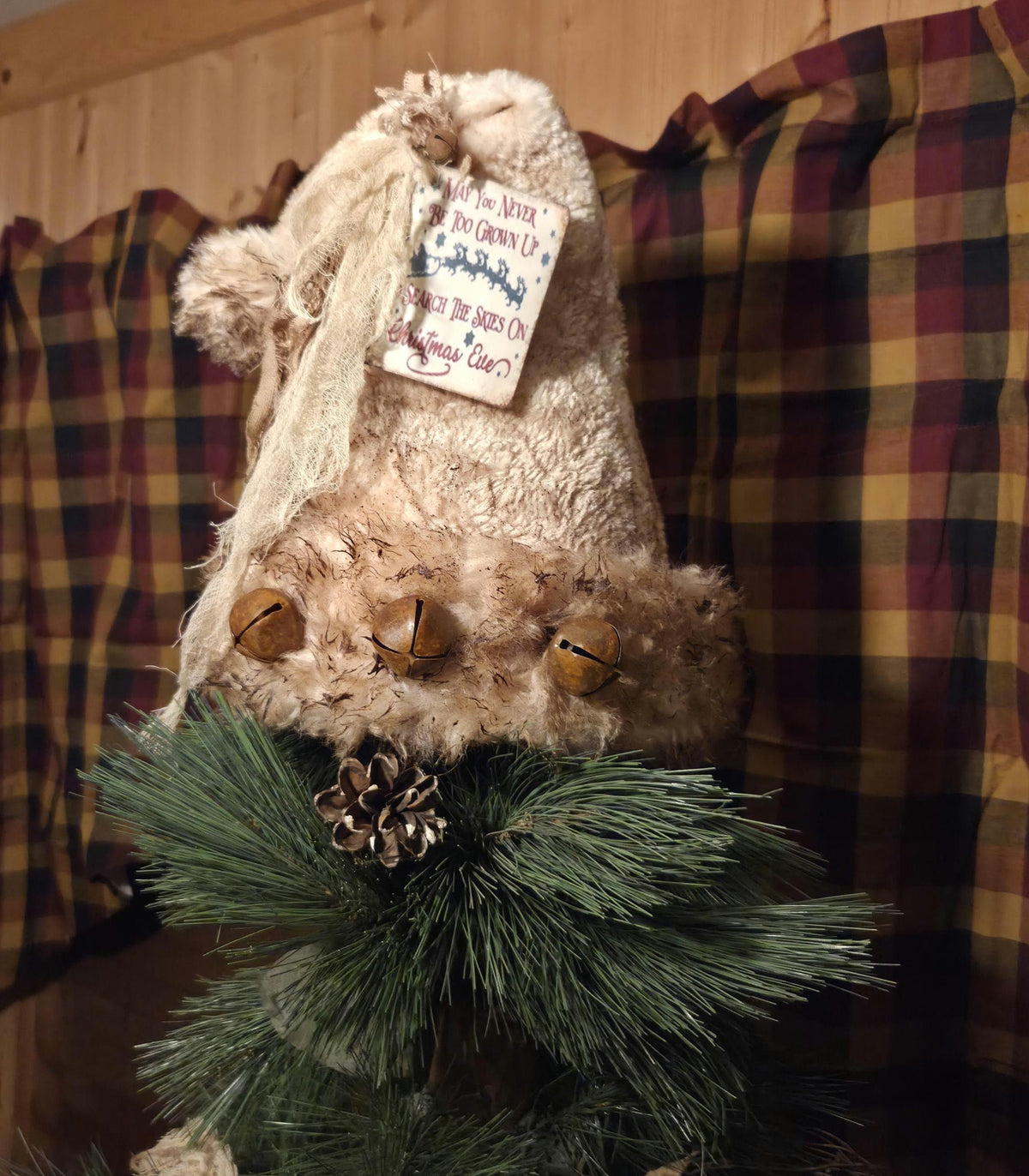 Premium Limited Edition Primitive Rustic Santa Hat Tree Topper | Handcrafted Cream Plush with Rusty Jingle Bells