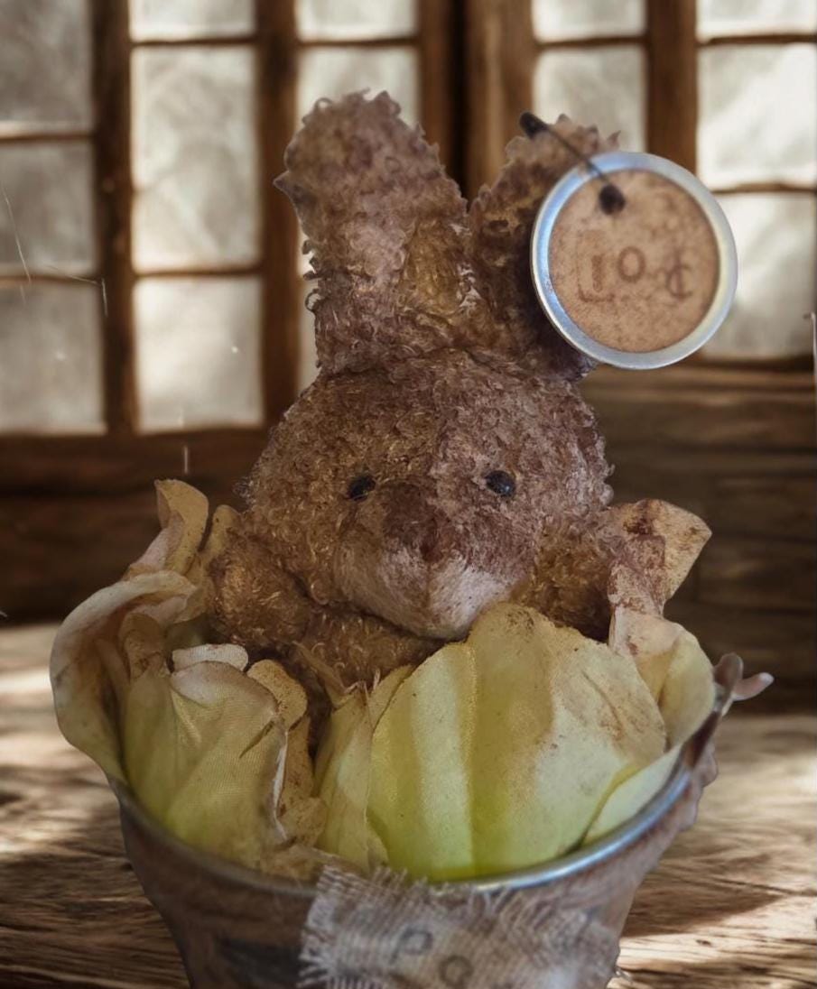 Primitive Cinnamon Grunged Bunny Pail – Mercantile Spring Shelf Accent – Farmhouse Easter Decor