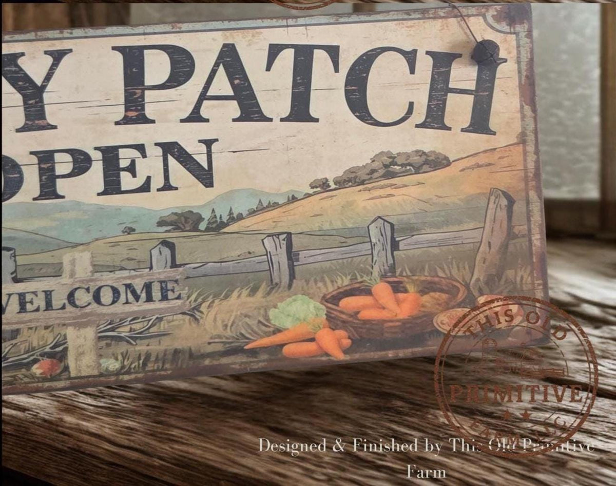 Primitive Bunny Patch Open Sign – Rustic Easter Welcome Decor, Folk Art