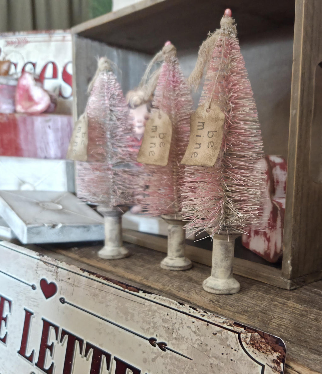 Primitive Valentine Bottle Brush Trees Set | Hand Painted Distressed Farmhouse Decor