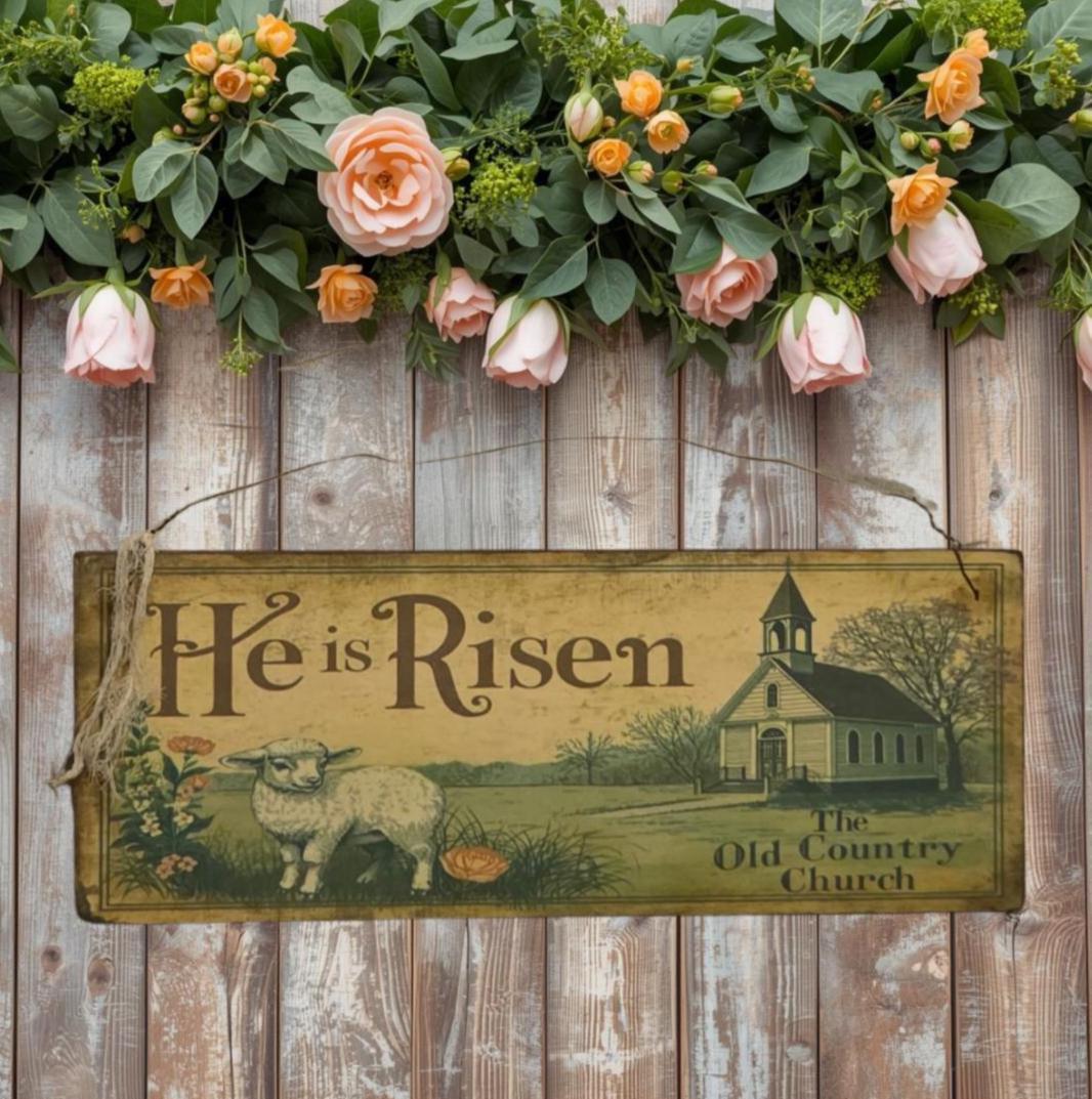 Primitive Easter Wood Sign – He Is Risen, Country Church, Lamb – Rustic Farmhouse Decor