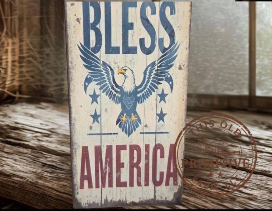Primitive God Bless America Eagle Sign – Rustic Farmhouse Americana Decor – Folk Art Patriotic Sign