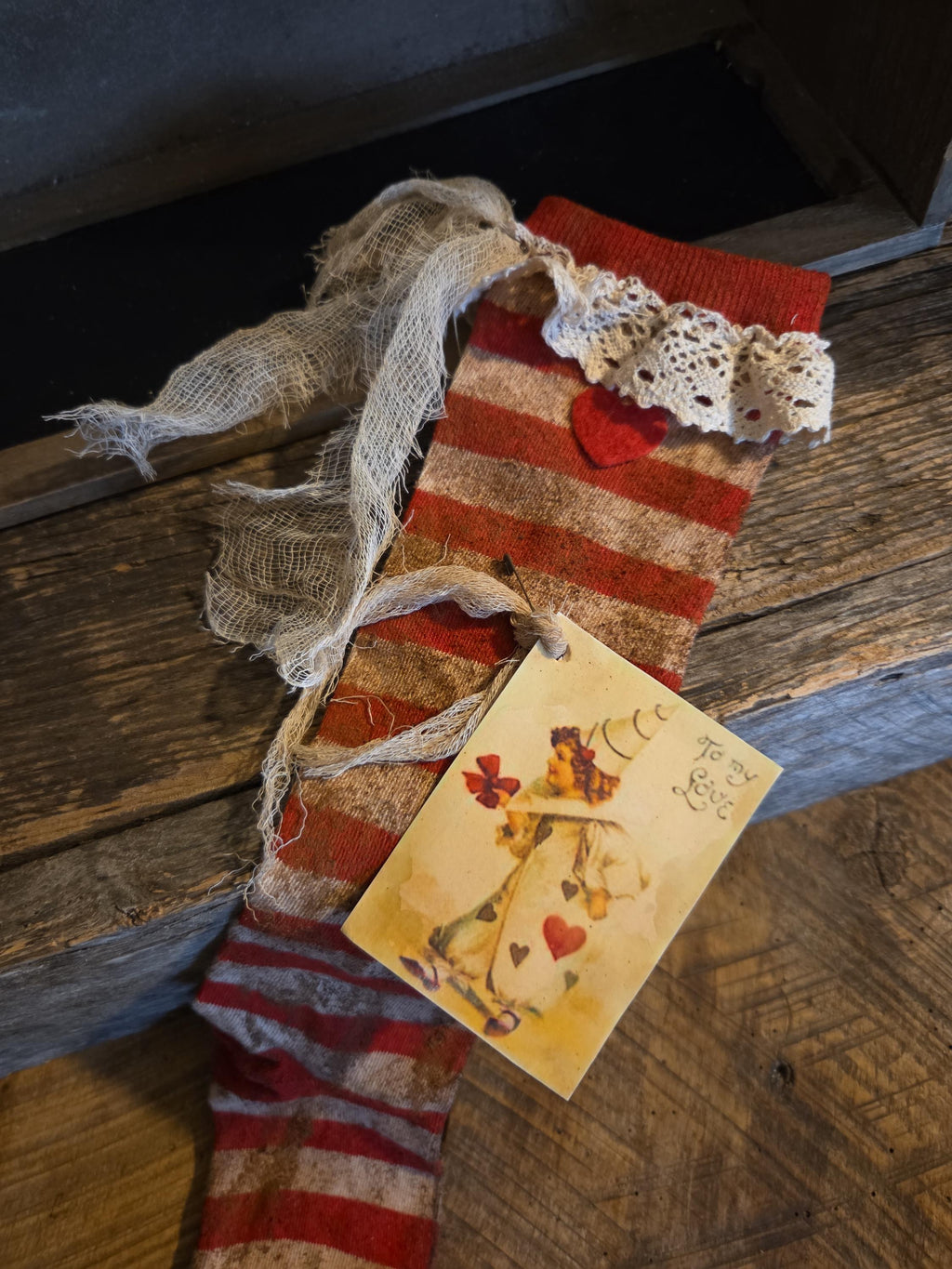 Primitive Valentine Stocking | Cinnamon Grunged Red Stripe Sock | One of a Kind Rustic Valentine Decor