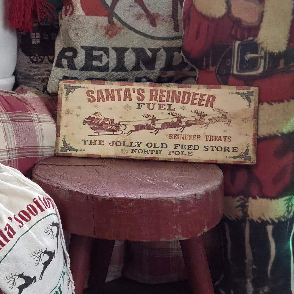 Handmade Santa's Reindeer Fuel Wood Sign | Rustic Farmhouse Christmas Decor (13x5")