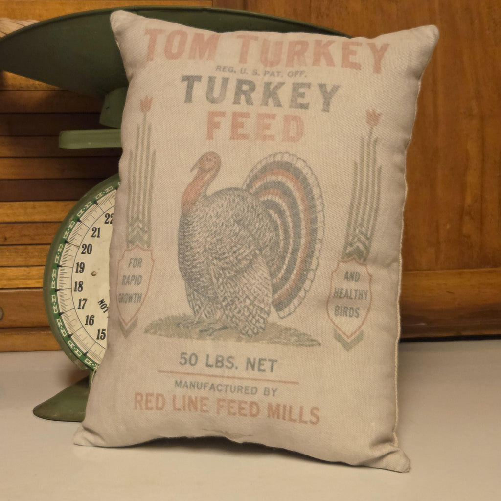 Tom Turkey Pillow, Thanksgiving Feedsack shelf sitter, Primitive farmhouse fall decor