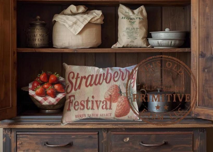 Strawberry Festival Pillow | Primitive Farmhouse Berry Crate Decor (12x9)