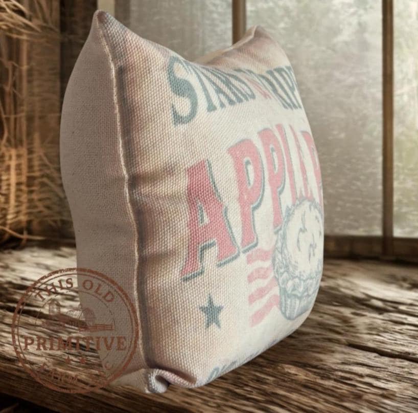 Primitive Apple Pie and Tuck Pillow | Americana Farmhouse Decor | Rustic Patriotic Kitchen Decor | Faux mini apple Pie | Stars and Stripes