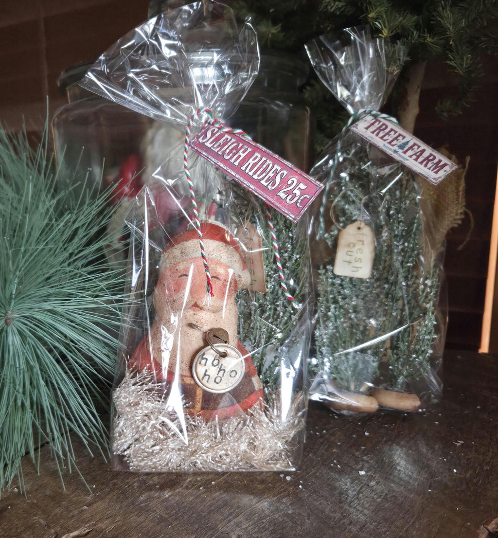 Primitive Cinnamon Grunged Santa Ornament, Sleigh Rides Hangtag and faux pine sprig
