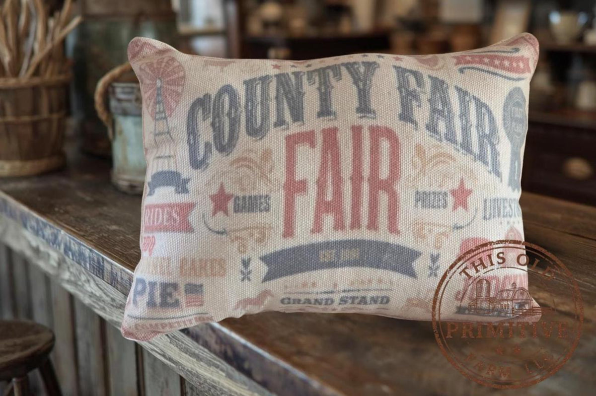 Primitive Farmhouse County Fair Pillow, Rustic Folk Art Accent, Vintage Decor