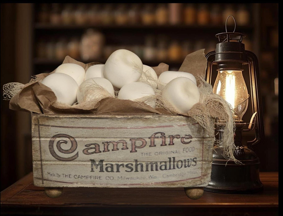 Primitive Campfire Marshmallows Crate – Rustic Cabin Shelf Decor – Handcrafted Farmhouse Candy Display