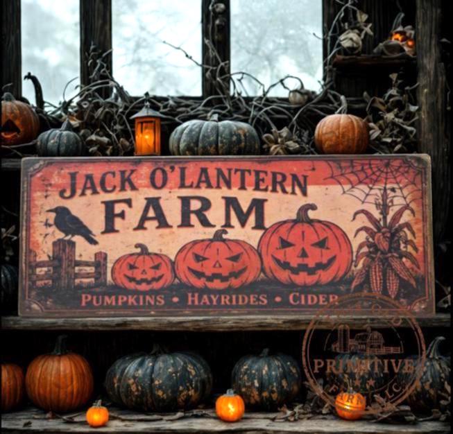 Jack O Lantern Farm Halloween Sign | Rustic Folk Art Wood Decor (13 x 5)