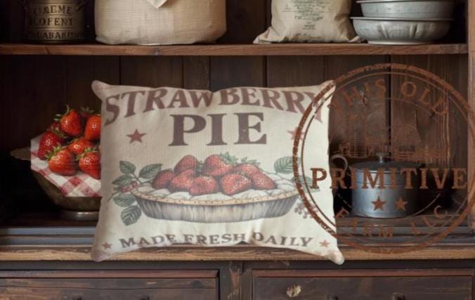 Strawberry Pie Pillow | Primitive Farmhouse Decor | Vintage Bakery Sign (12x9)