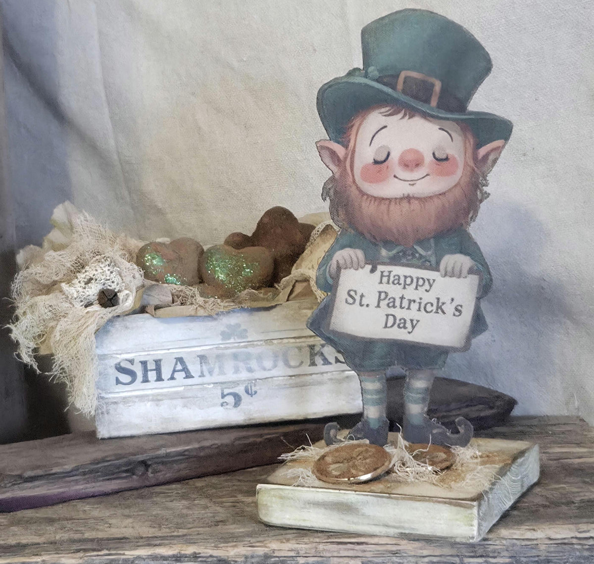 Limited Edition Primitive St. Patrick’s Leprechaun Shelf Decor – Handmade Folk Art Accent