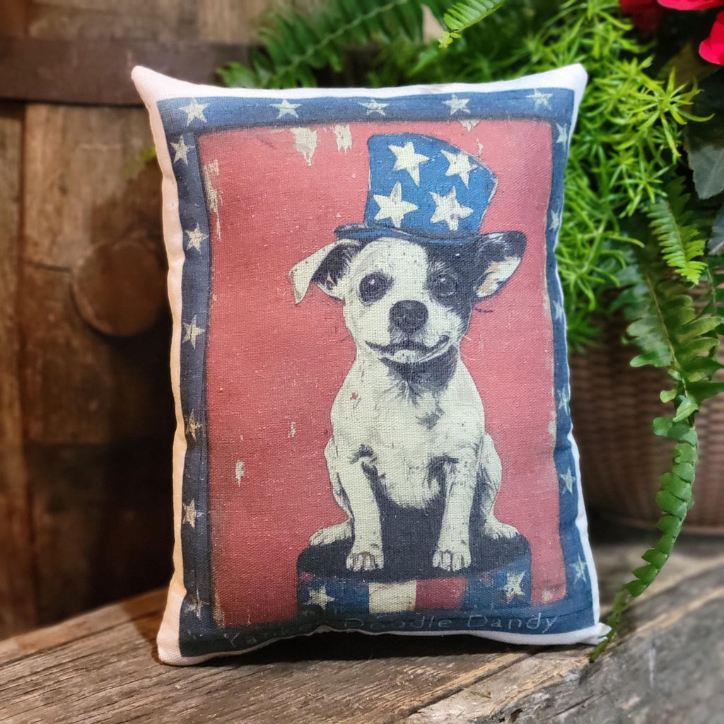 Handmade Uncle Sam Puppy Decorative Pillow: Primitive Farmhouse Americana Folkart (11" x 9")