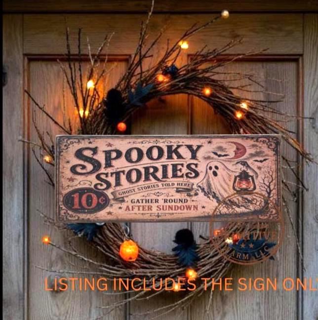 Primitive Spooky Ghost Stories Sign | Vintage Halloween Folk Art Decor (13" x 5")