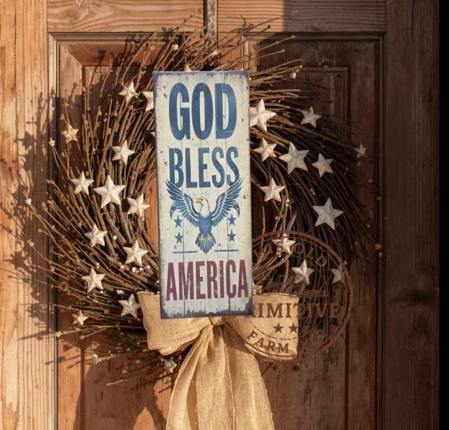 Primitive God Bless America Eagle Sign – Rustic Farmhouse Americana Decor – Folk Art Patriotic Sign