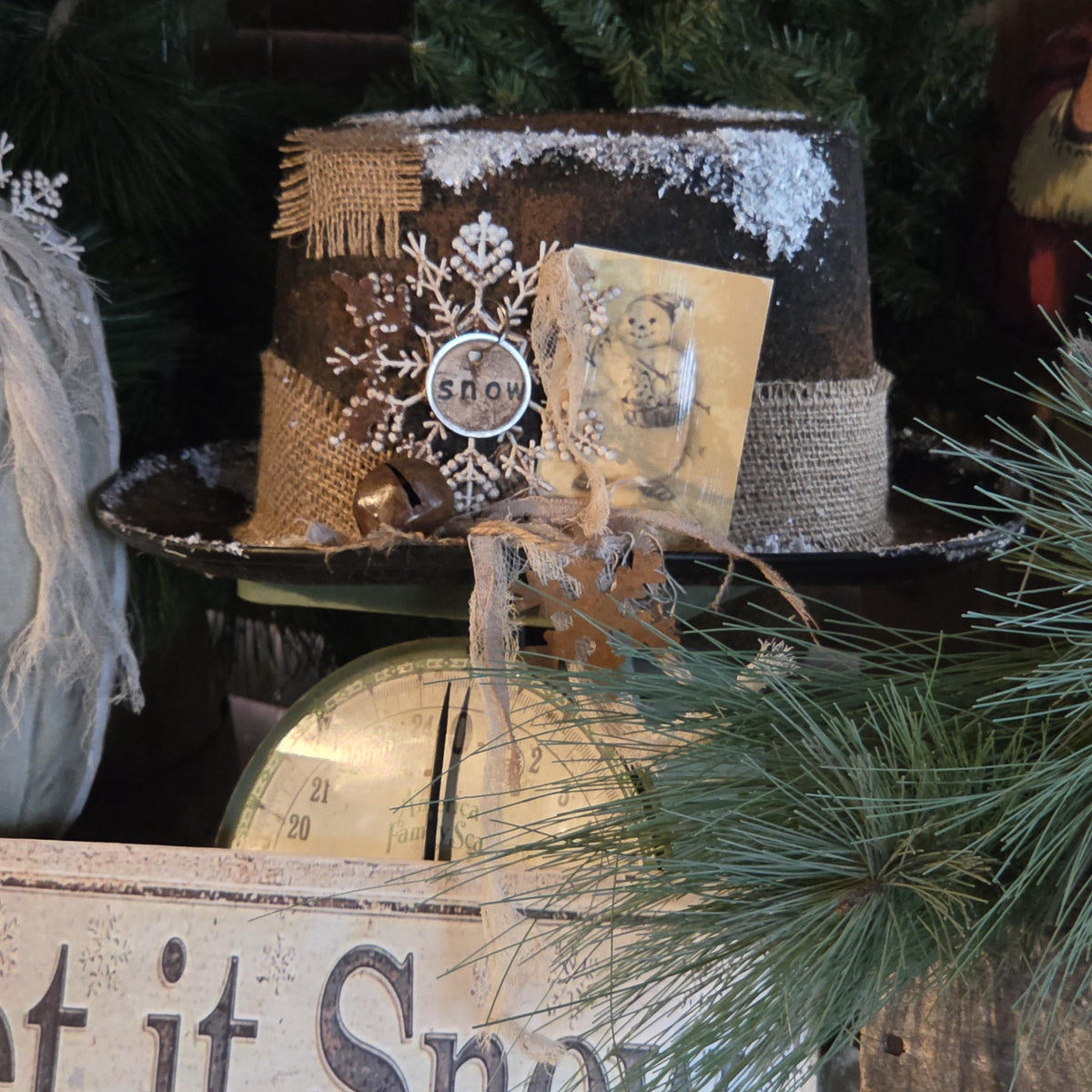 Primitive Rustic Snowman Hat Christmas Tree Topper: Farmhouse Decor, Jingle Bells, Cinnamon Tag