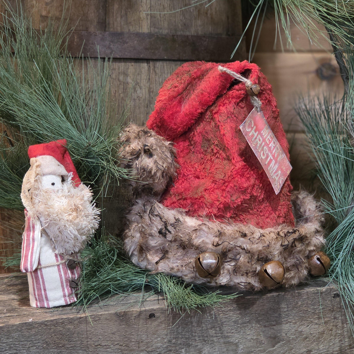 Premium Primitive Rustic Santa Hat Tree Topper | Handcrafted Farmhouse Christmas Décor | Limited Edition Holiday Santa Hat with Jingle Bells