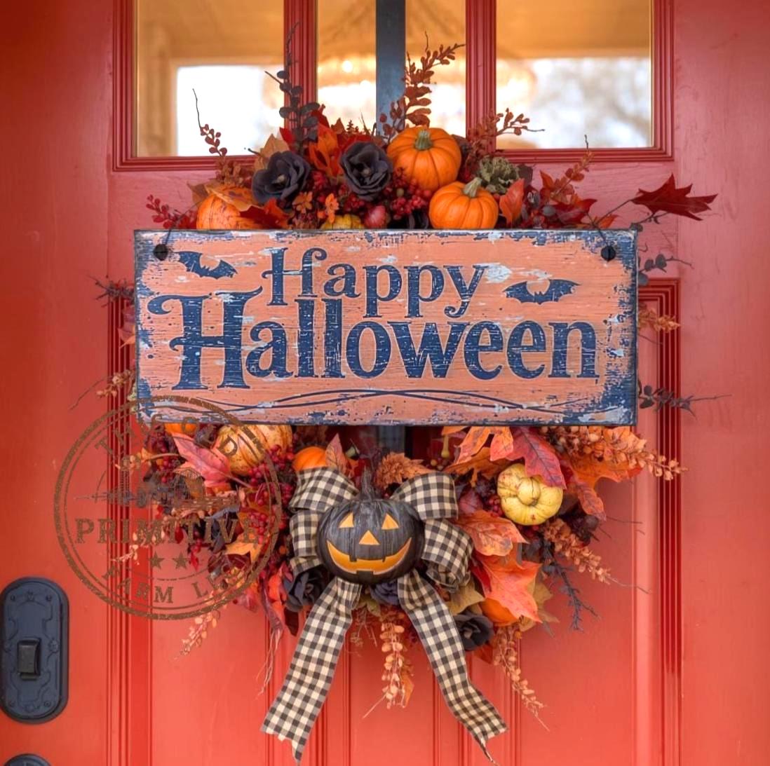 Primitive Happy Halloween Wood Sign | Rustic Farmhouse Folk Art Decor (13" x 5")