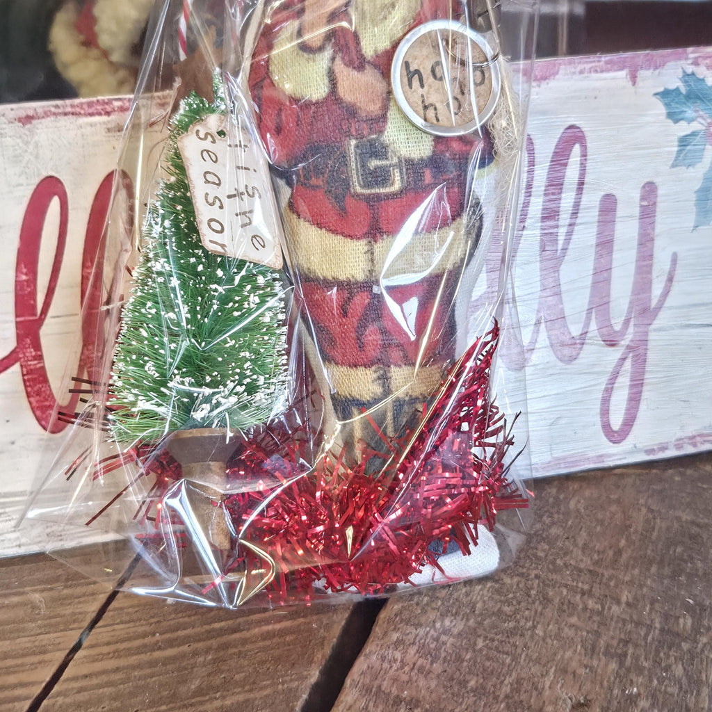 Primitive Santa Christmas Decor | Rustic Farmhouse Santa Gift | Bottle Brush Tree with Rusty Star on Wooden Spool | Nostalgic Holiday Shelf