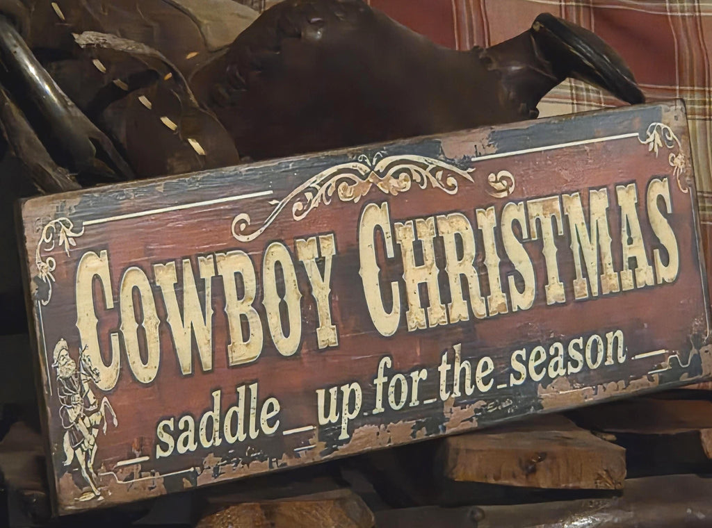 Handmade Cowboy Christmas Wood Sign | Rustic Western Holiday Decor (13x5)
