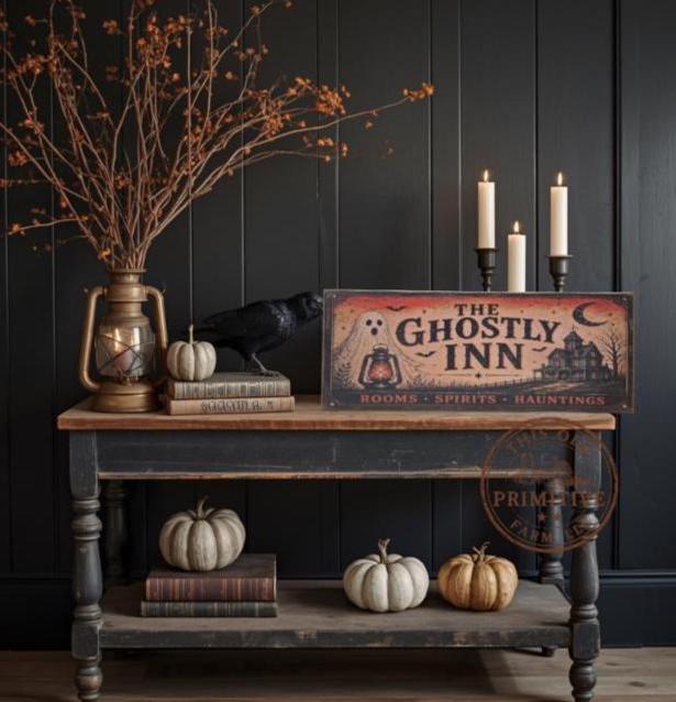 Primitive Halloween Ghostly Inn Sign | Rustic Folk Art Wood Decor (13 x 5)