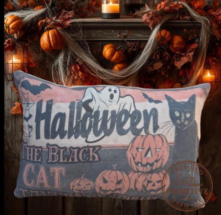 Vintage Black Cat Halloween Pillow | Primitive Farmhouse Rustic Shelf Sitter