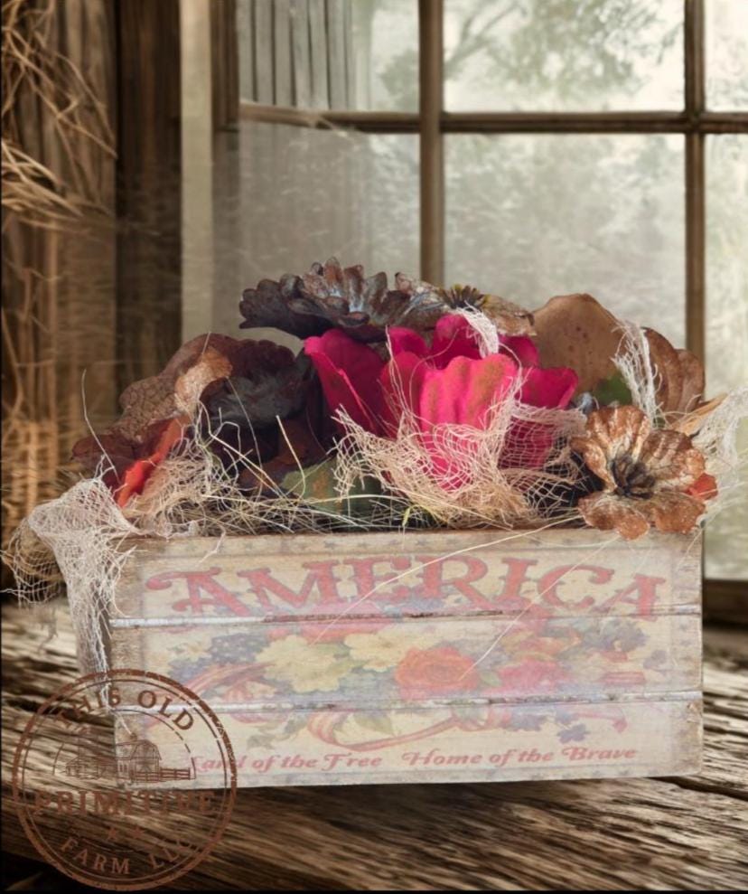Primitive Americana Crate Display | Rustic Farmhouse Patriotic Floral Decor