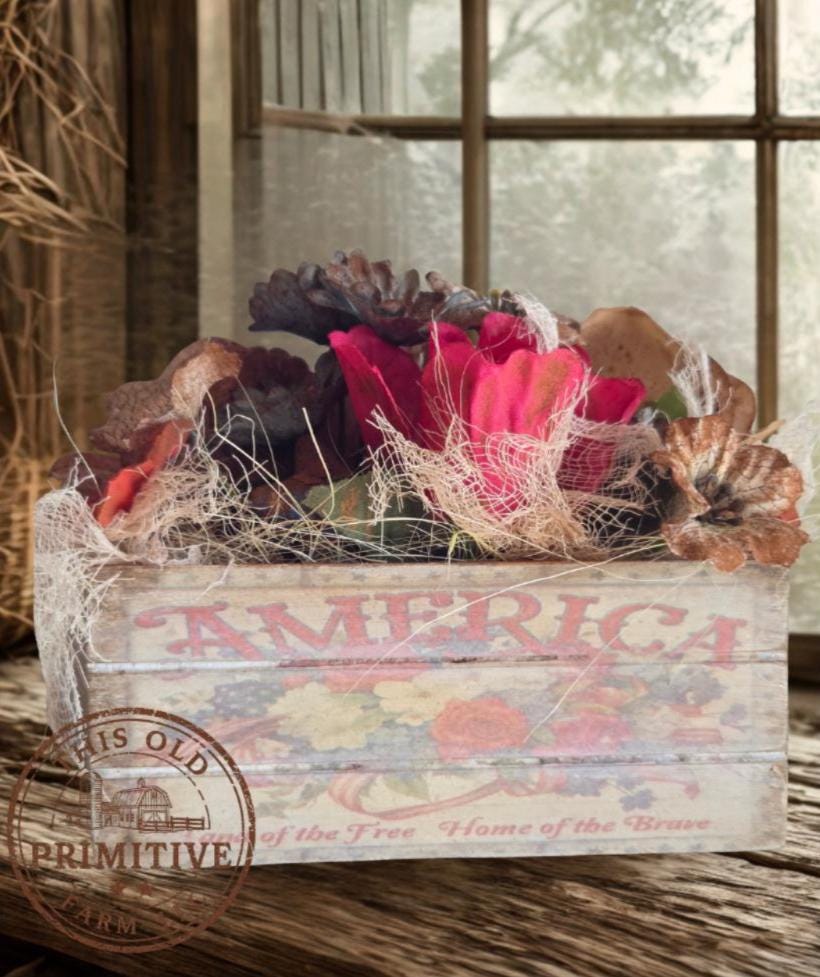 Primitive Americana Crate Display | Rustic Farmhouse Patriotic Floral Decor